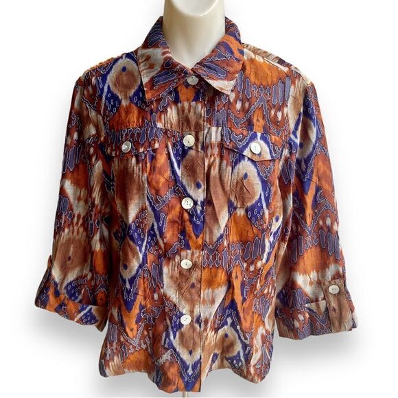 Ruby Rd Mesh Cutout Feather Ikat  Shell Button Flap Pocket Tab Sleeve Blouse - Picture 11 of 16